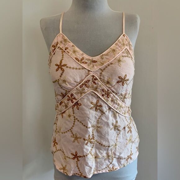 120% Lino Italy Floral 100% Linen Pink Tank Top embroidered 42 6 metallic corset - Picture 3 of 15